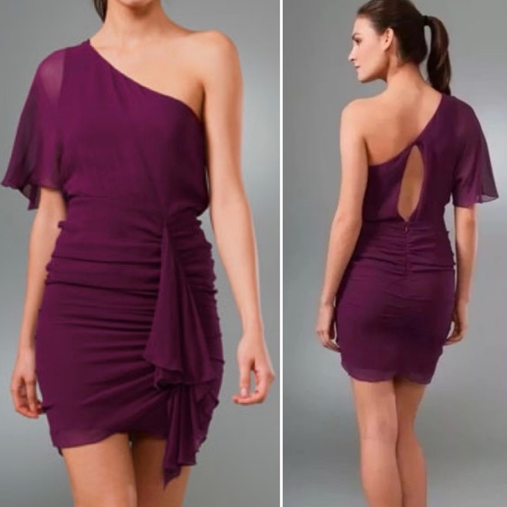 ALICE + OLIVIA Marcia One-Shoulder Rouched Silk Coctail Dress Purple Size 6
